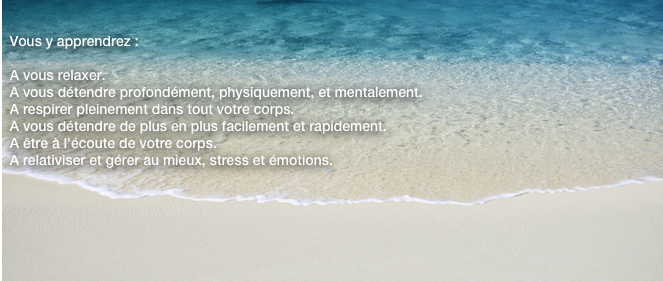   
  
  Vous y apprendrez :

  A vous relaxer.
  A vous détendre profondément, physiquement, et mentalement.
  A respirer pleinement dans tout votre corps.
  A vous détendre de plus en plus facilement et rapidement.
  A être à l'écoute de votre corps.
  A relativiser et gérer au mieux, stress et émotions.
  